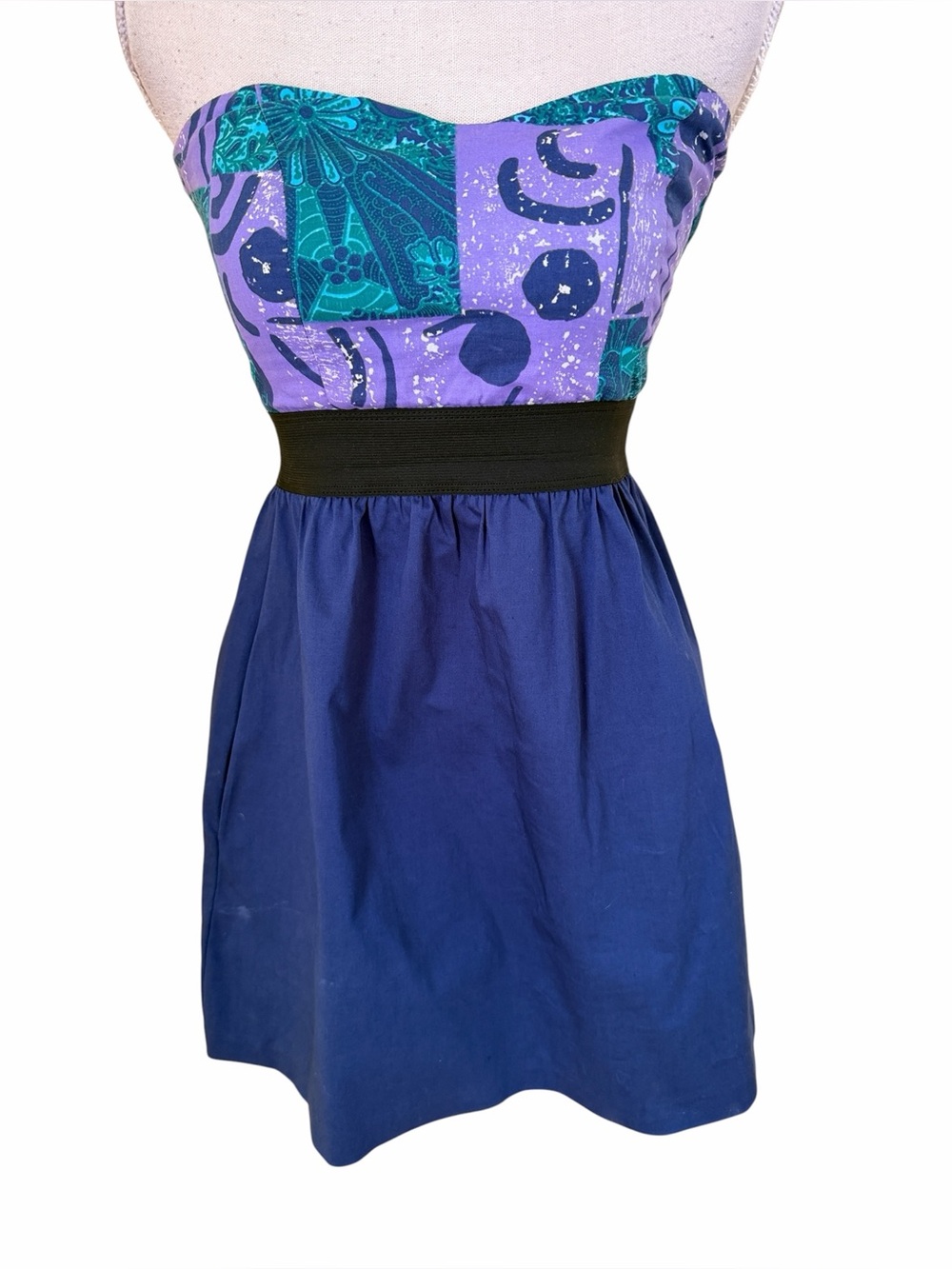Urban Outfitters Ecote Strapless Purple & Teal Print Sundress with Navy Skirt M